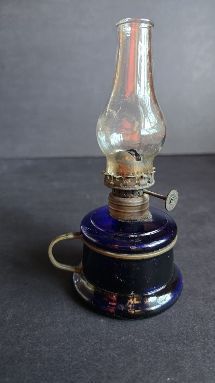 Vintage Antique Miniature Finger Oil Lamp 1800s Nutmeg Cobalt Blue Glass